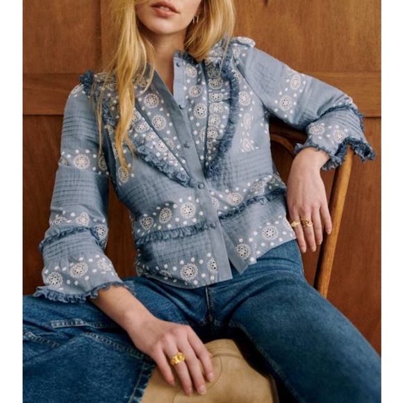 SEZANE Blue White Floral Eyelet Embroidered Pleated Ruffle Bell Sleeve Nele Top